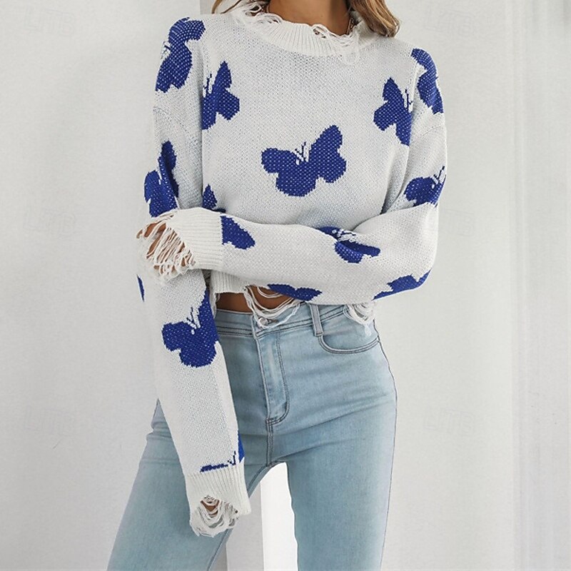Women's Pullover Casual Butterfly Chunky Crew Neck Knitted Long Sleeve Regular Tops Knit Daily Holiday Going out Black White Fall Winter2