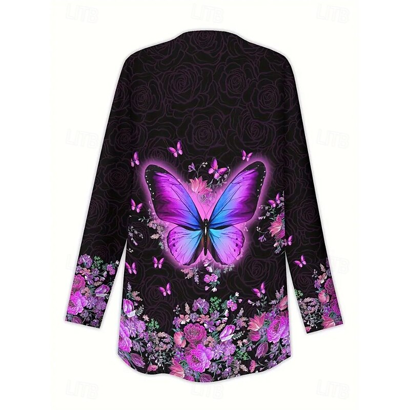 Women's Coat Warm Lightweight Print Fashion Butterfly Casual Regular Collarless Regular Fit Long Sleeve Outerwear Black White Beige Spring Fall2