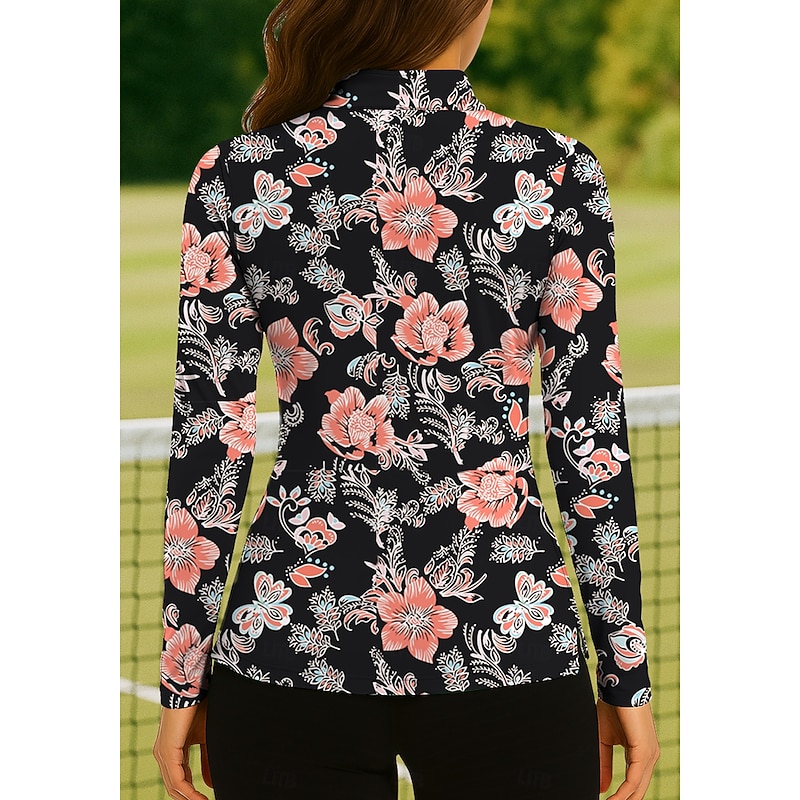 Women's Plants Floral Tropical Floral Botanical Tops Golf Polo Shirt Tennis Shirt Long Sleeve Print Quarter Zip Pullover UV Protection Elastic Breathable Tennis Golf Pickleball Stand Collar Zip Collar2