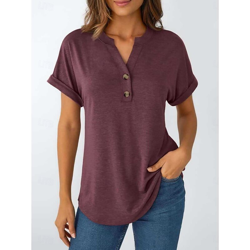 Women's Texture Blouse T Shirt Plain Fashion Modern Short Sleeve V Neck Regular Tops Daily Buttons Wine Summer3