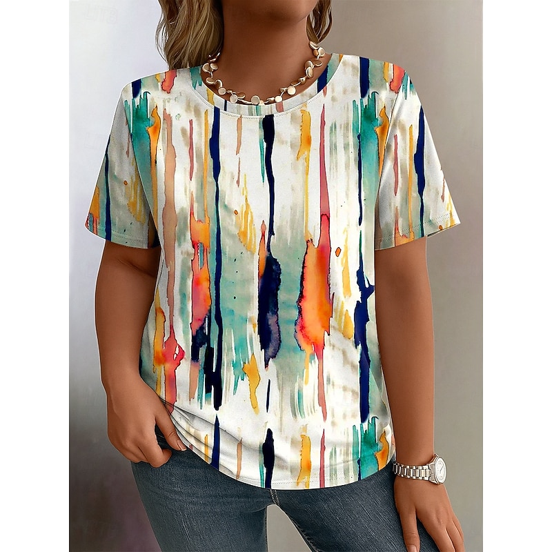 Women's Plus Size Tops T Shirt Graphic Abstract Print Short Sleeve Crew Neck Casual Daily Polyester Summer Spring White Blue