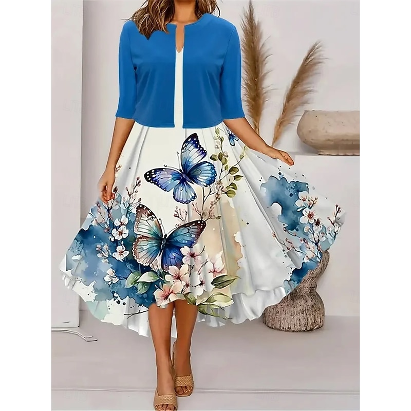 Women's Two Piece Dress Sets Midi Dress with Jacket Elegant A Line Dress Half Sleeve Casual Semi Formal Floral Graphic Print Short Sleeve Crew Neck Date Sky Blue Regular Fit