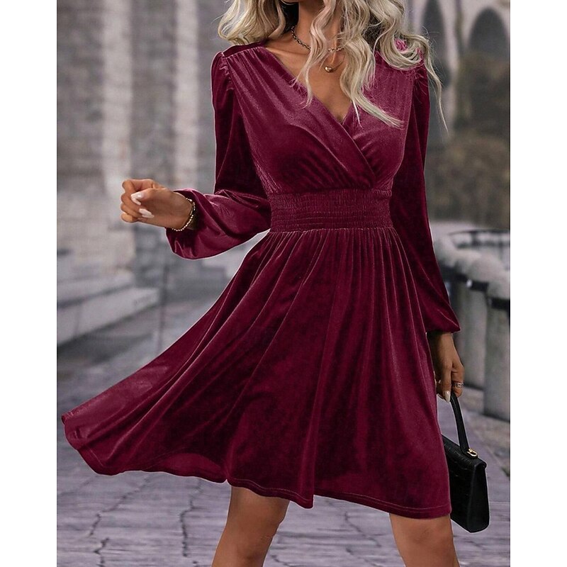 Women's Mini Dress Velvet Dress Winter Dress Cocktail Dress Fashion Modern Evening Party Weekend Regular Fit Plain Long Sleeve V Neck Black Red Green Summer4