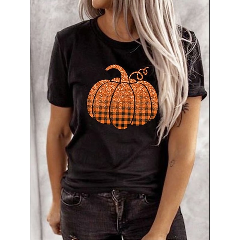 Halloween Women's T shirt Pumpkin Graphic Vintage Stylish Classic Short Sleeve Crew Neck Round Neck Regular Tops Daily Weekend Print Black White Yellow Pink Red Summer Fall