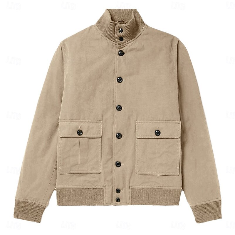 Men's Bomber Jacket Work Casual Durable Pocket Classic Spring Fall Winter Solid Color Active Vintage Stand Collar Regular Black Khaki Army Green Jacket
