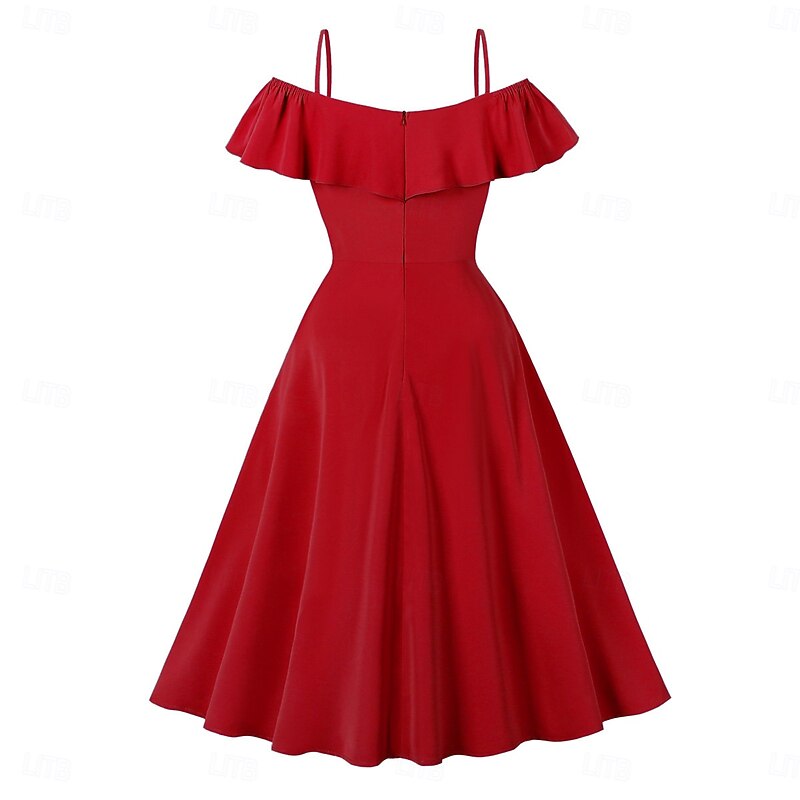 Retro Vintage 1950s Rockabilly Midi Swing Dress Flare Dress Off Shoulder with Pockets Solid Color Fancy Dress Women's Vacation Casual Retro Theme Party Adults Dress Spring & Summer3