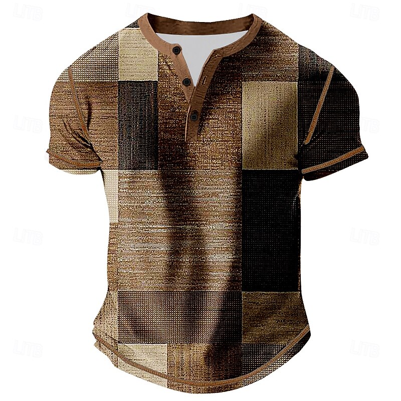 Men's Plaid Color Block Henley Shirt Tee Short Sleeve Vintage Fashion Designer Outdoor Casual Daily Spring &  Fall Brown Gray Green Navy Blue Henley Henley T-Shirt2