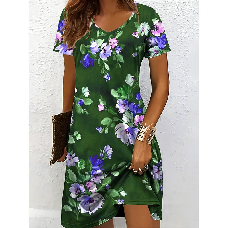 Women's Mini Dress Casual Dress T Shirt Dress Tee Dress Sundress A Line Dress Vacation Casual Boho Beach Regular Fit Floral Graphic Short Sleeve V Neck Red Blue Purple Brown Summer Spring4
