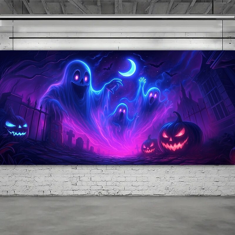 Halloween Garage Door Cover Neon Ghosts and Pumpkins Banner, Glowing Blacklight Backdrop Decoration for Holiday Outdoor Garage Door and Home Wall, 2025 Halloween Decorations2