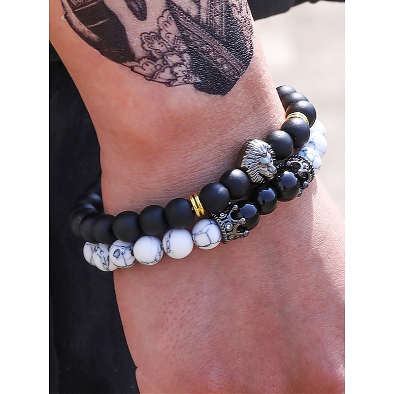Men's Natural Stone Beaded Bracelet Set with Lion Head Charm – 2-Piece Stretch Bracelets for Punk Style, Gifts and Street Fashion Wear2
