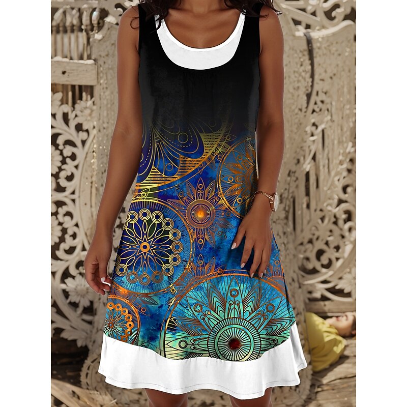 Women's Mini Dress T Shirt Dress Tee Dress Sundress A Line Dress Vacation Casual Daily Regular Fit Graphic Geometric Sleeveless Crew Neck Black Sky Blue Dark Blue Summer Spring Fall