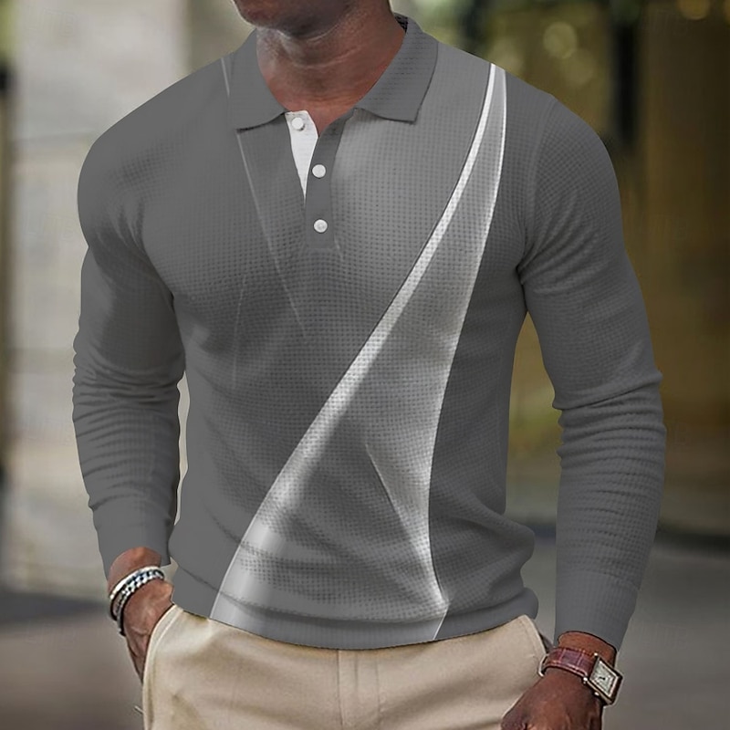 Men's Geometic Line Waffle Polo Shirts Long Sleeve Polo Shirts Collared Shirts Business Casual Business Wear to work Daily Wear Buttons Spring Fall Winter Black Blue Purple4