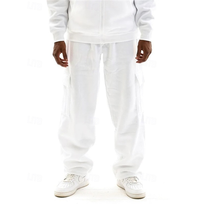 Men's Trousers Cargo Sweatpants Straight Leg Sweatpants Pocket Elastic Waist Drawstring Plain Comfort Sports Outdoor Daily Fashion Casual Black White Micro-elastic2