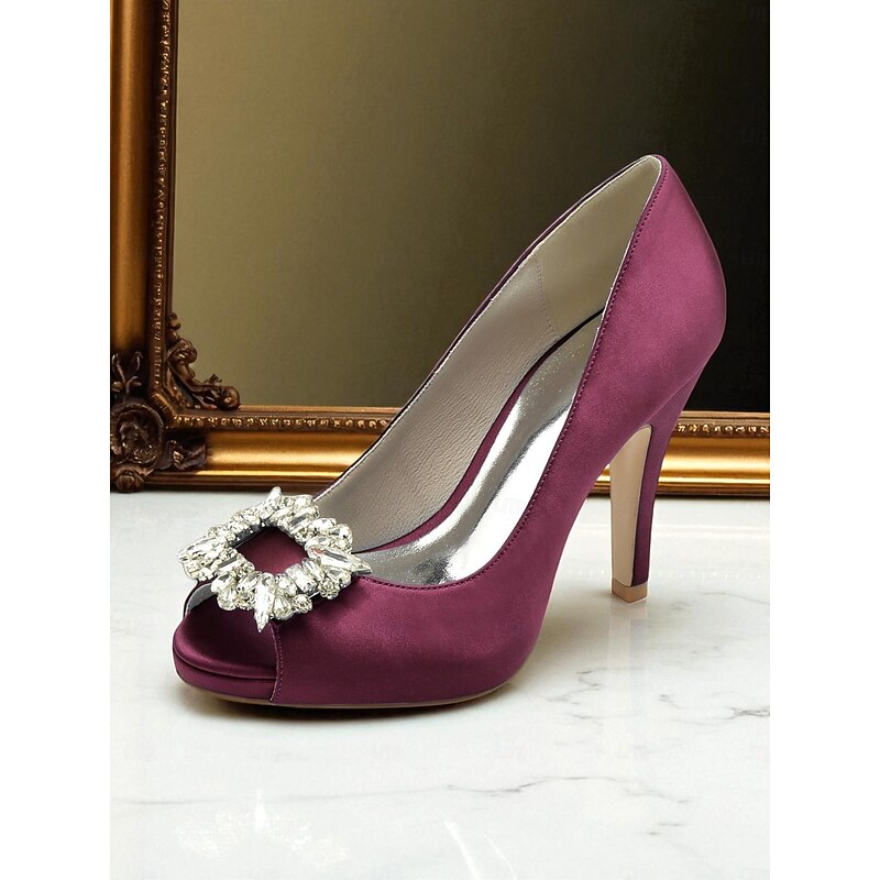 Women's Satin Peep Toe Pumps with Crystal Buckle - Classic High Heel Dress Shoes for Ladies, Perfect for Cocktail Parties and Evening Occasions2