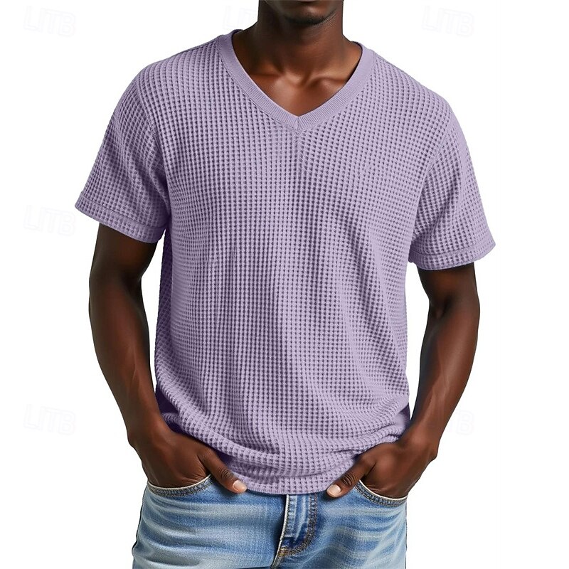 Men's Waffle Tee T Shirt Tee Short Sleeve Shirt Short Sleeve V Neck Summer Plain Fashion Designer Basic Jacquard Vacation Street Going out Apricot Black Purple Top Tee for Men4