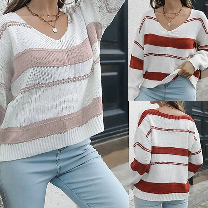 Women's Pullover Casual Striped Chunky V Neck Knitted Long Sleeve Regular Tops Knit Daily Holiday Going out Pink Red Fall Winter