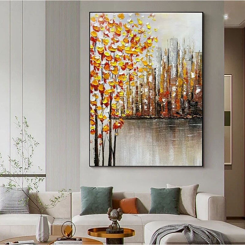 Handmade Urban Autumn Canals oil painting Hand-Painted Oil painting  Warm Citrus Foliage Structured Cityscape Serene Water Reflections Dark Gray Frame Cozy Interior Accents picture4
