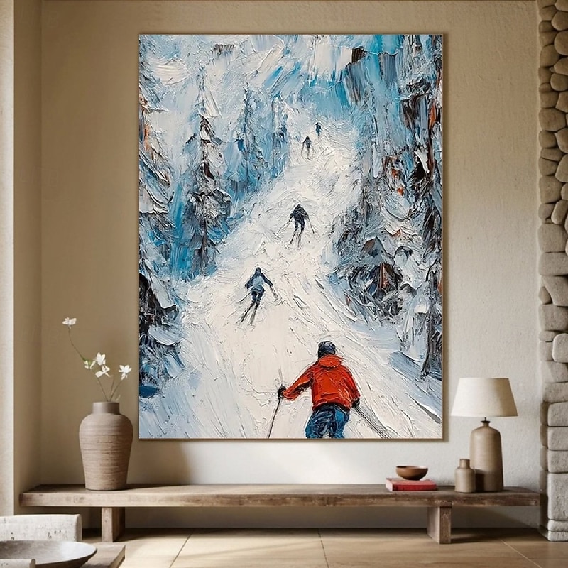 Handmade Skiing Snow Oil Painting Hand Painted Skiing Snow Oil Painting Wall Modern Abstract Ski Sport Painting Canvas Painting Home Decoration Decor White Snow Skiing Painting for bedroom living room4