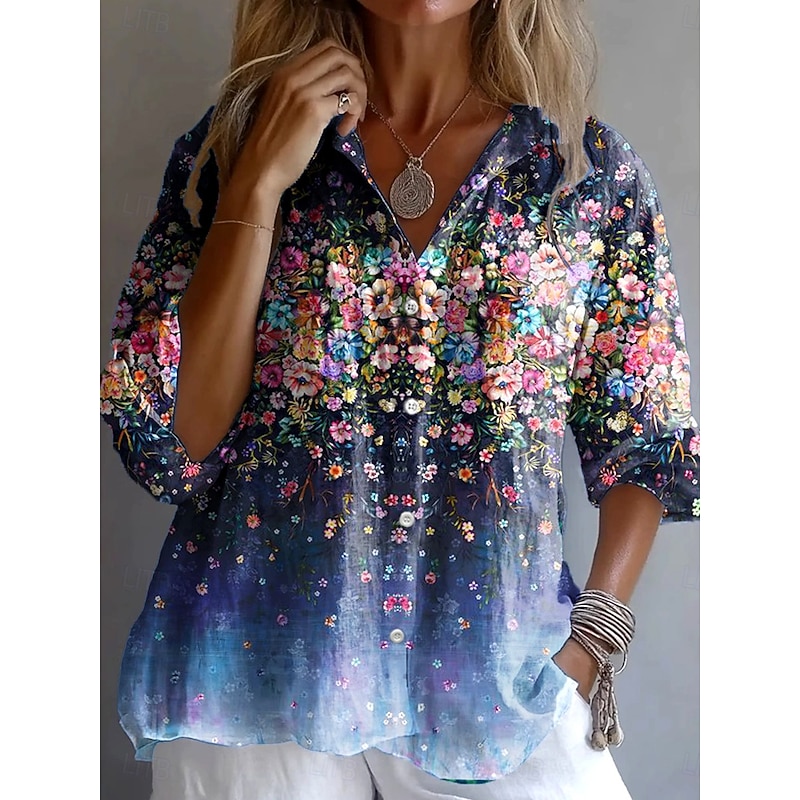 Women's Shirt Button Down Tunic Shirt Collar Long Sleeve Ombre Floral Graphic Vintage Tropical Daily V Neck Regular Tops Work Daily Holiday s Print Navy Blue Spring Fall