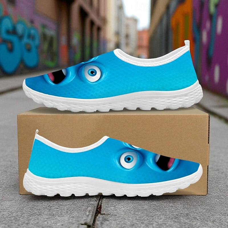 Men's Blue Breathable Mesh Slip-On Sneakers with Fun Cartoon Face Print – Lightweight Casual Athletic Shoes for Walking, Travel and Daily Wear4