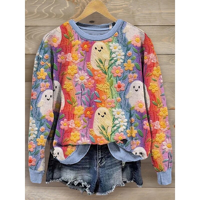 Halloween Women's Sweatshirts Ghost Graphic Casual Long Sleeve Crew Neck Regular Tops Street Dailywear Casual Print Blue Orange Green Spring Fall Winter - Main Image