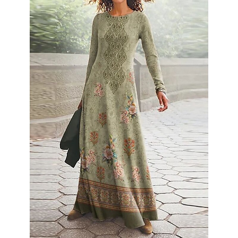 Women's Maxi Dress Vintage Bohemian A Line Dress Crew Neck Long Sleeve Casual Daily Regular Fit Graphic Paisley Blue Dark Green Green Spring Fall Winter3