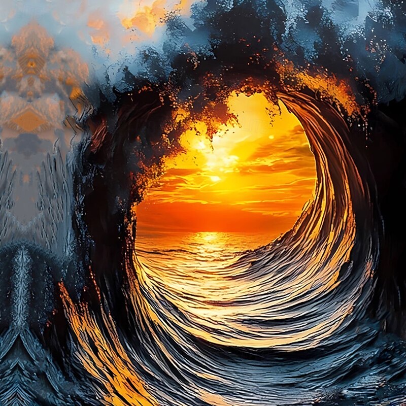 Men's Optical Illusion Ocean Sunset Shirt Summer Hawaiian Shirt Stand Collar Shirt Long Sleeve Hawaiian Vacation Casual Holiday Spring Fall Mandarin Collar Band Collar 3D Print Button Up Shirts Blue2