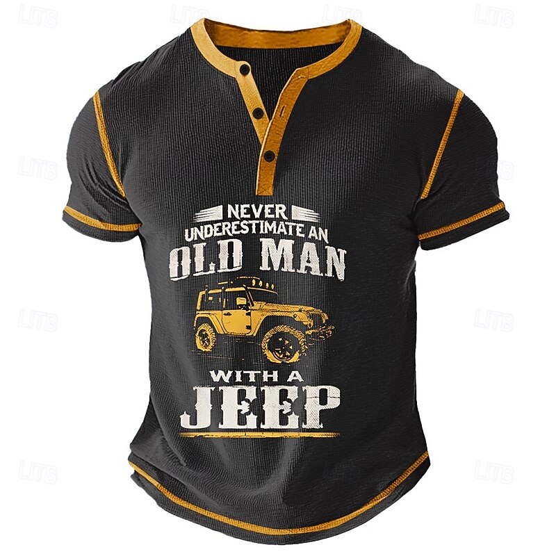 Men's Short Sleeve Henley T-Shirt - "Never Underestimate An Old Man With A Jeep" Graphic Tee4