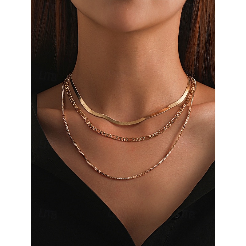 Women's Gold Layered Chain Necklace – Alloy Choker Set, Trendy Minimalist Jewelry for Parties, Dates and Night Out