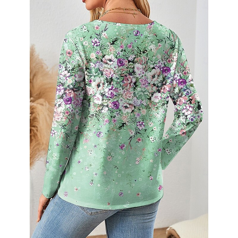 Women's T Shirt V Neck Long Sleeve Tunic Floral Graphic Plants Vintage Stylish Classic Regular Tops Daily Print Pink Blue Green Summer Spring Fall2