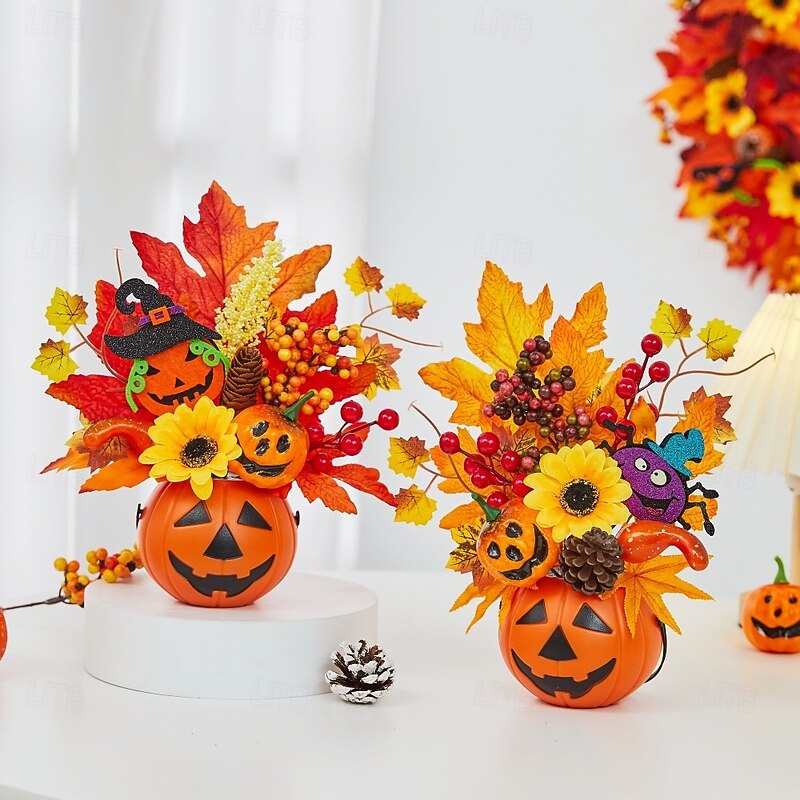 Halloween Fall Desktop Ornament with Faux Pumpkin Decoration, Maple Leaves, Pinecones and Fall Party Decor, Spooky Halloween Table Display for Harvest Festival and Autumn Home Setup