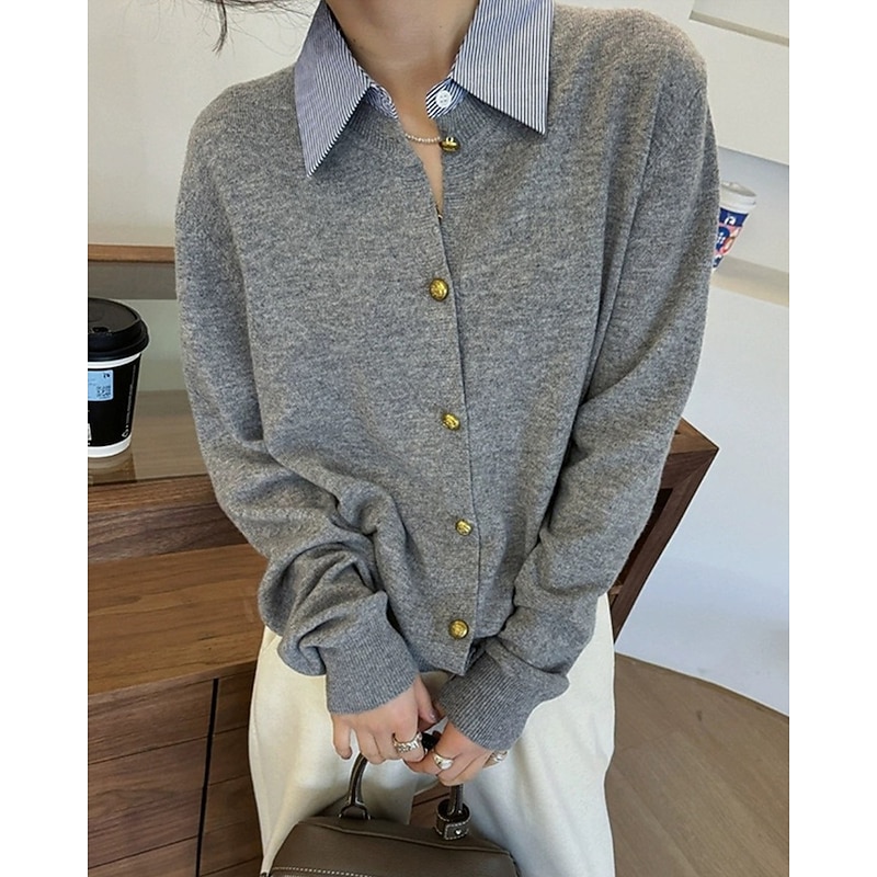 Women's Sweater Cardigan Fashion Streetwear Daily Solid Color Ribbed Shirt Collar Knitted Long Sleeve Regular Tops Knit Holiday Going out Weekend Black Beige Fall Winter2