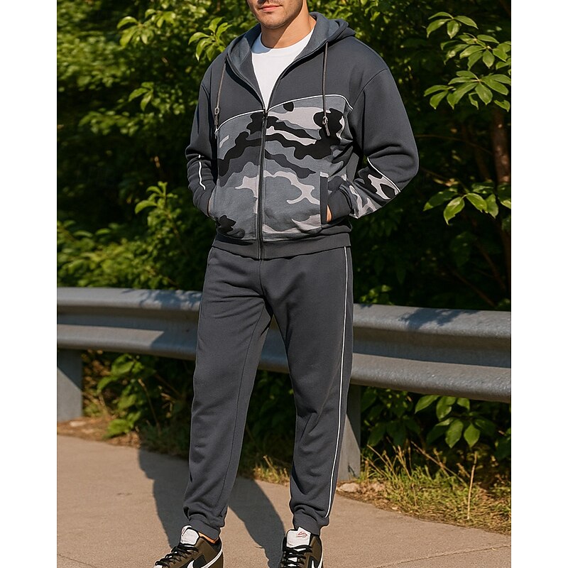 Men's Tracksuit Sweatpants Hooded Jacket Drawstring Hooded Camouflage Clothing Suit Fall & Winter Army Green Khaki Gym Training Running Windproof Long Sleeve Sport Activewear Micro-elastic Loose Fit