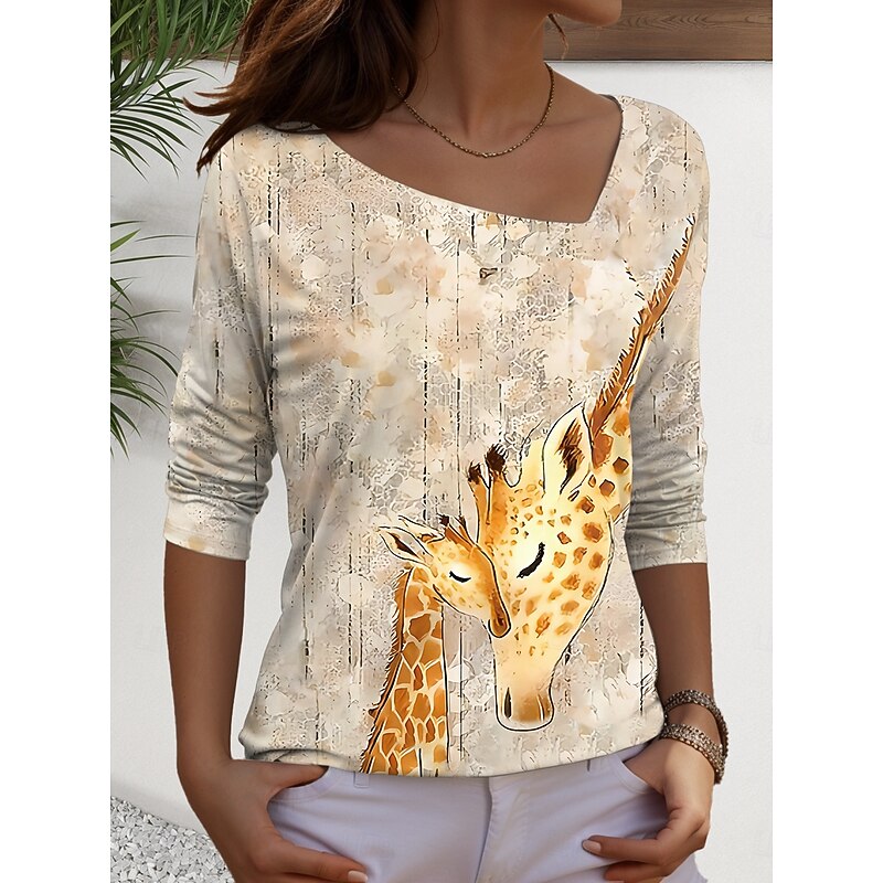 Women's T Shirt Graphic Animal Vintage Casual Long Sleeve Asymmetric Neck Regular Tops Daily Print White Yellow Orange Khaki Summer Spring Fall2