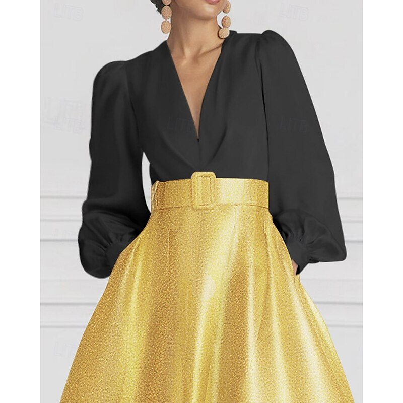 Black Tie Black and Gold A-Line Evening Gown Sparkle Jacquard Skirt with Belt Formal Wedding Floor Length Long Sleeve V Neck Satin with Slit Pocket3