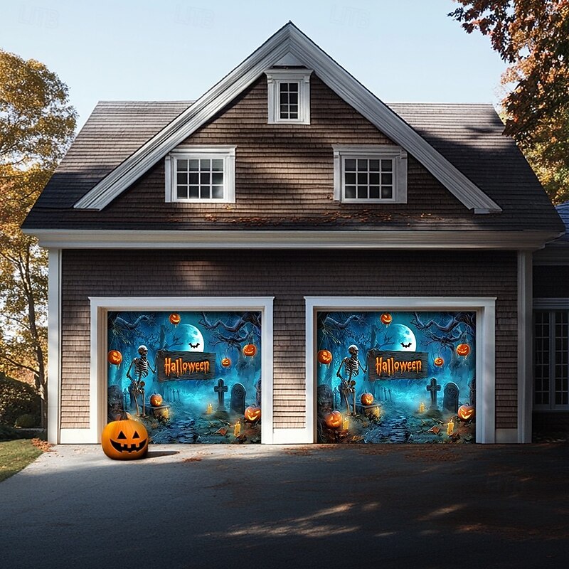 Halloween Garage Door Cover – Pumpkin Patch with "Halloween" Sign & Hanging Bats, Spooky Outdoor Decoration for 2025 Halloween Home Front Yard4
