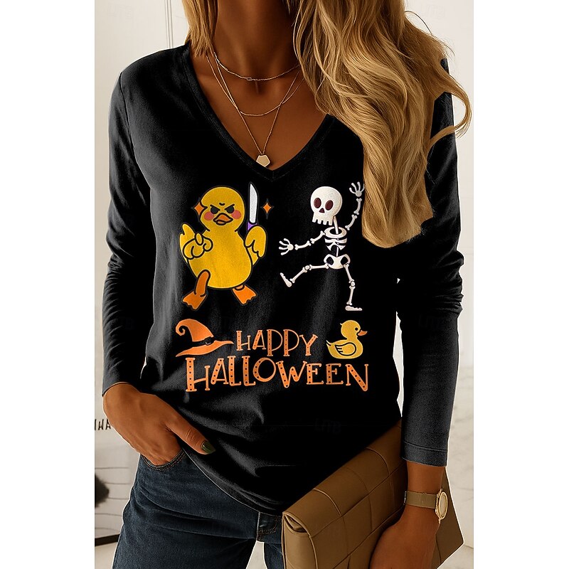 Halloween Women's T Shirt V Neck Long Sleeve Tunic Graphic Skull Duck Elegant Vintage Stylish Regular Tops Daily Going out Weekend Print Black Spring Fall