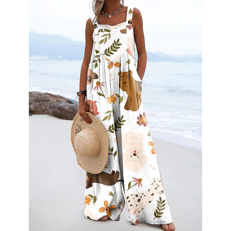 Women's Jumpsuit Active Graphic Sleeveless Wide Leg Vacation Street Loose Fit Black White Beige Summer3