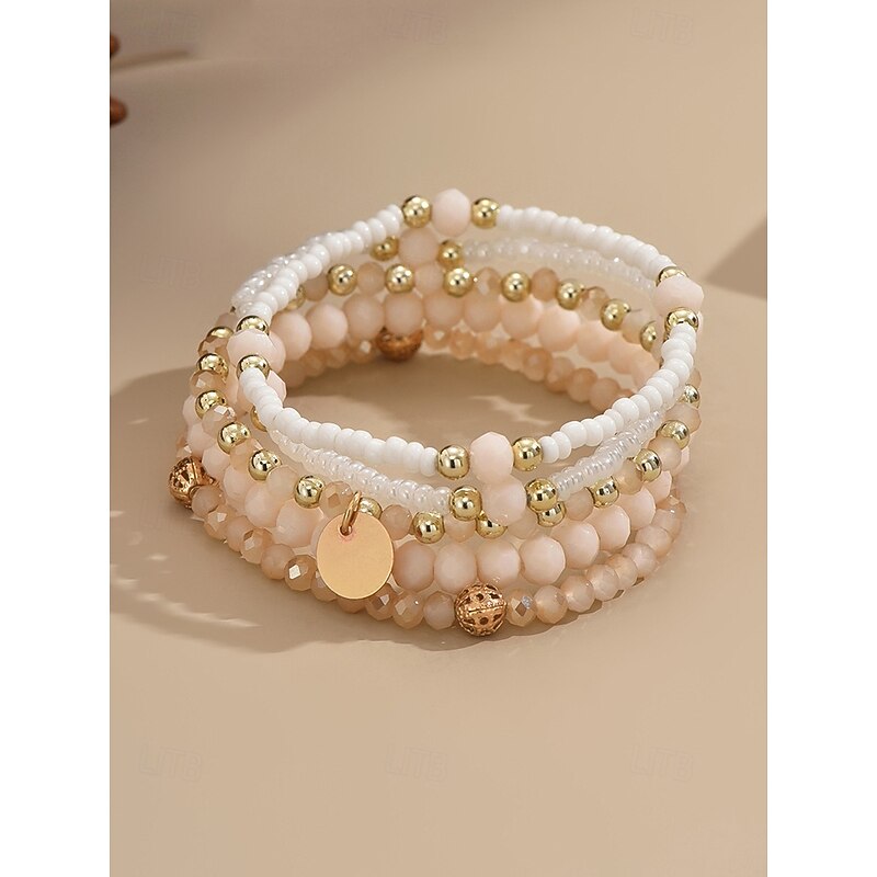 Women's 5-Piece Beaded Bracelet Set with Gold Accents and Charm Pendant, Boho Stackable Jewelry for Summer, Beach and Casual Outfits3