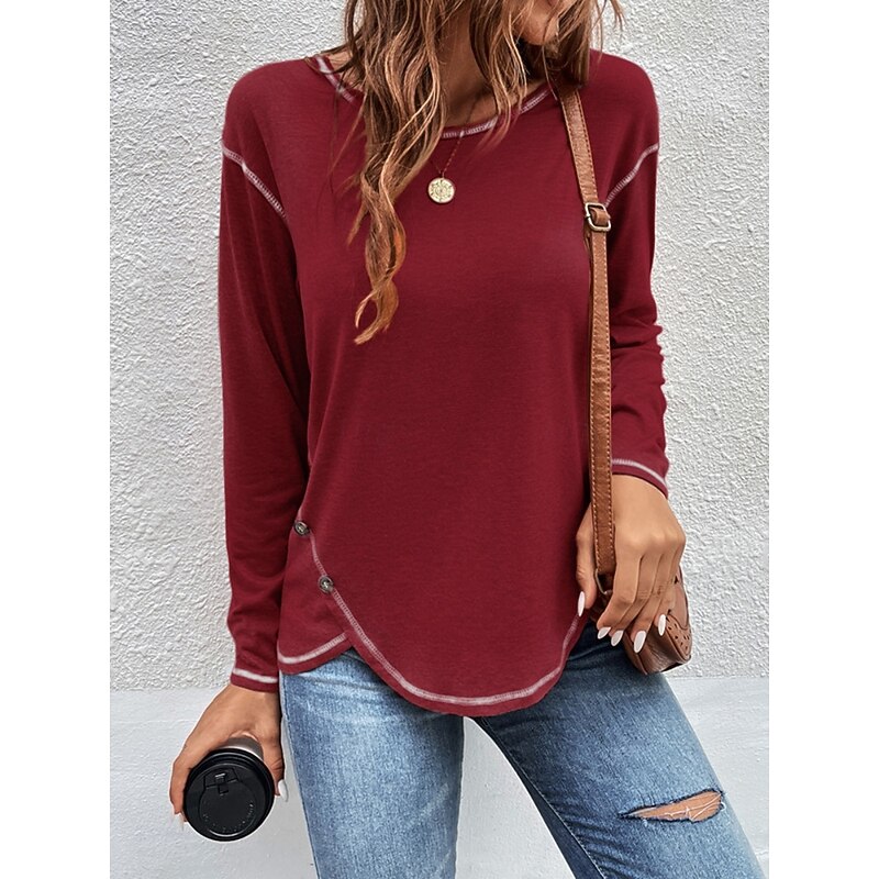 Women's Blouse Solid Color Stylish Casual Long Sleeve Crew Neck Regular Tops Daily Patchwork Black Pink Wine Khaki Light Blue Fall Prefall