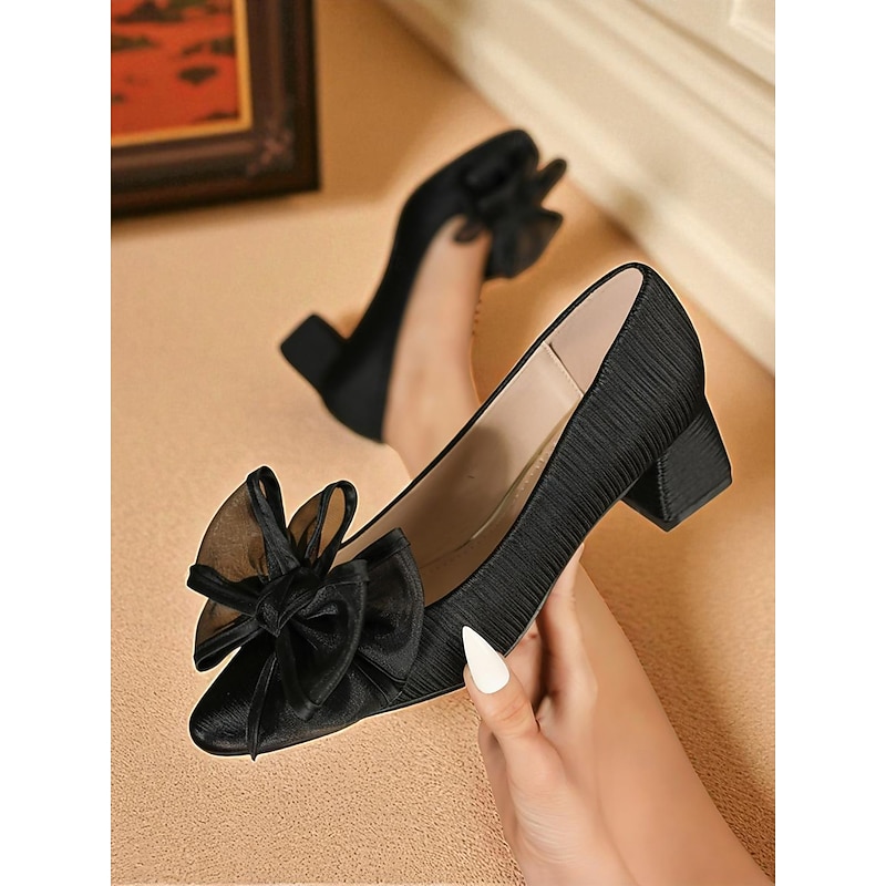 Women's Black Mesh Bow Low Heel Pumps –1950s Elegant Pointed Toe Court Shoes for Ladies, Suitable for Weddings, Parties, and Formal Occasions4