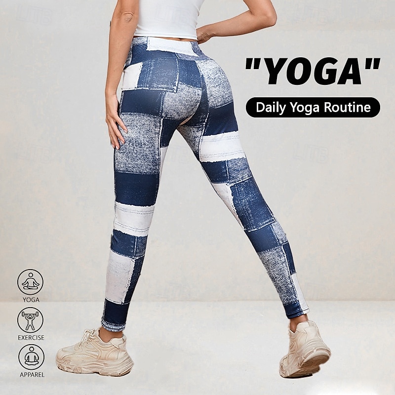 Women's Denim Print Fake Jeans Yoga Leggings Tummy Control High Waist Gym Dance Athletic Bottoms Color Block Black Blue Fall Sports Activewear Tight Fit