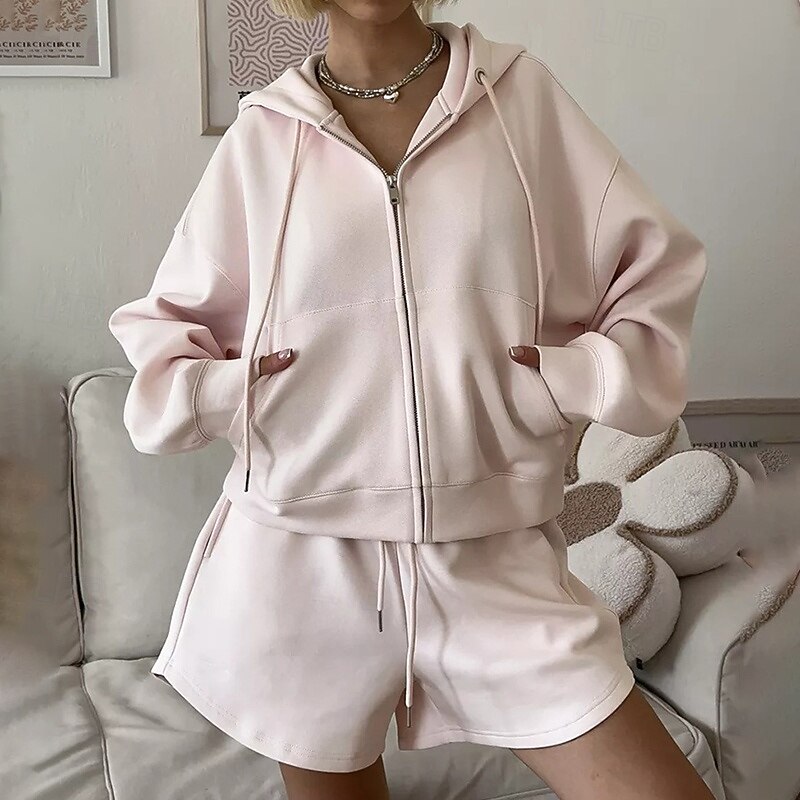 Women's Tracksuit Zip Up Hoodie Track Shorts Drawstring Pocket Solid Colored Clothing Suit Spring Black White Gym Training Running High Waist Windproof Lightweight Moisture Wicking Long Sleeve Sport