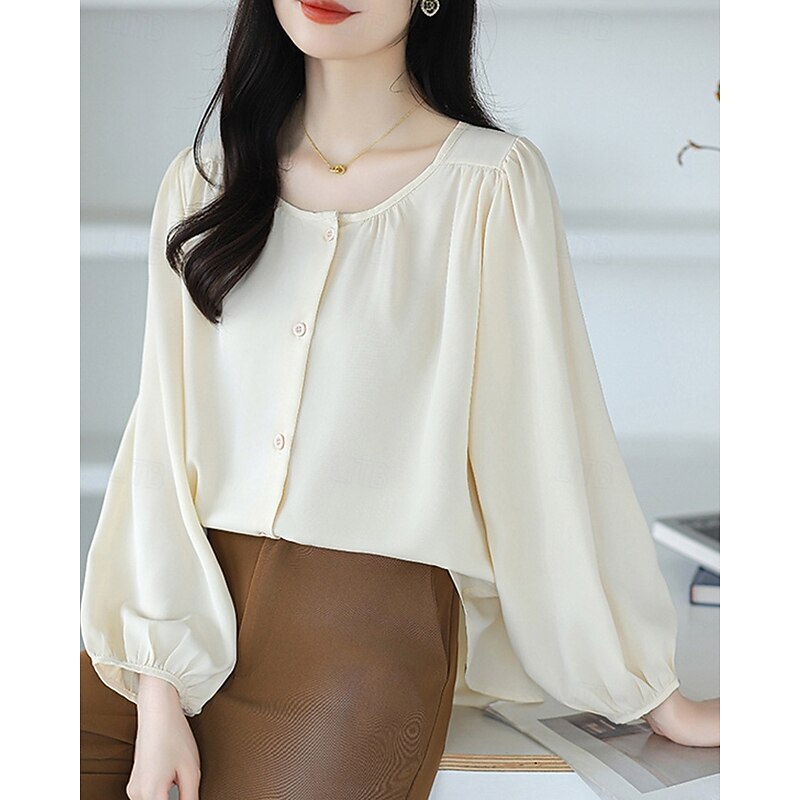 Women's Shirt Texture Blouse Plain Daily Stylish Basic Long Sleeve Crew Neck Regular Tops Work Daily Holiday Buttons Black White Beige Spring Fall
