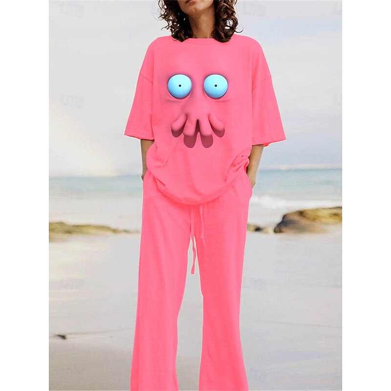Women's Cartoon Funny Smile Face Pants Sets 3/4 Length Sleeve Crew Neck 3D Print Print Vacation Daily Holiday Yellow Pink Red Summer Regular Fit4