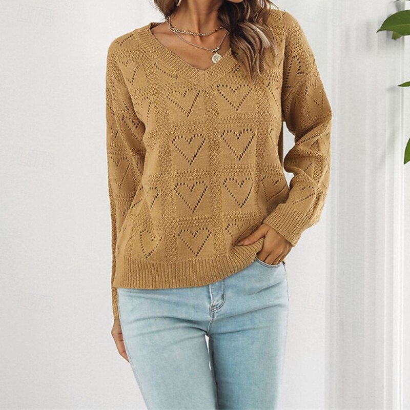 Women's Pullover Casual Solid Color Chunky V Neck Knitted Hole Long Sleeve Regular Tops Knit Daily Holiday Going out Yellow Pink Fall Winter2