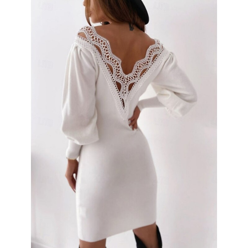 Women's Mini Dress Sheath Dress Casual Daily Regular Fit Plain Long Sleeve V Neck Black White Spring Fall Winter