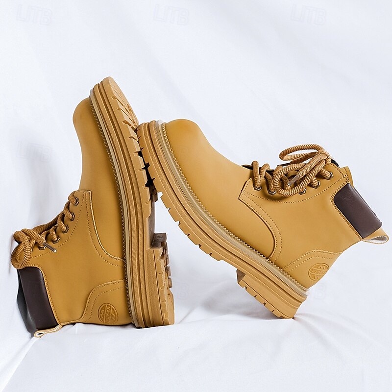 Men's Tan Faux Leather Work Boots – Casual Lace-Up Outdoor Ankle Shoes for Construction, Hiking & Daily Use2