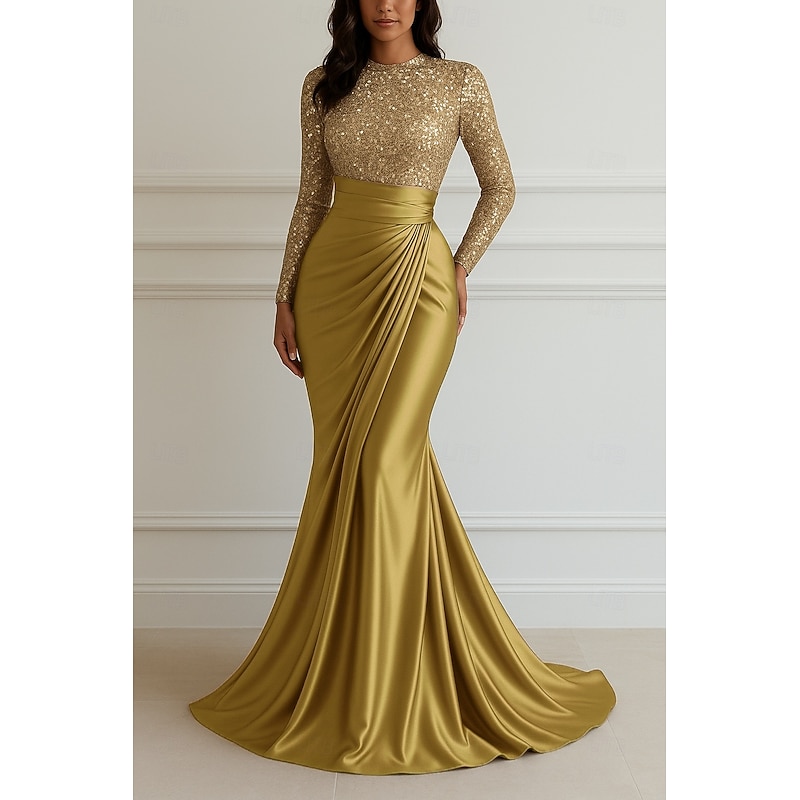 Sequin Mermaid Evening Gown Elegant Dress Formal Wedding Floor Length Long Sleeve Crew NeckMother Of the Bride Dress Stretch Satin with Glitter Pleats4