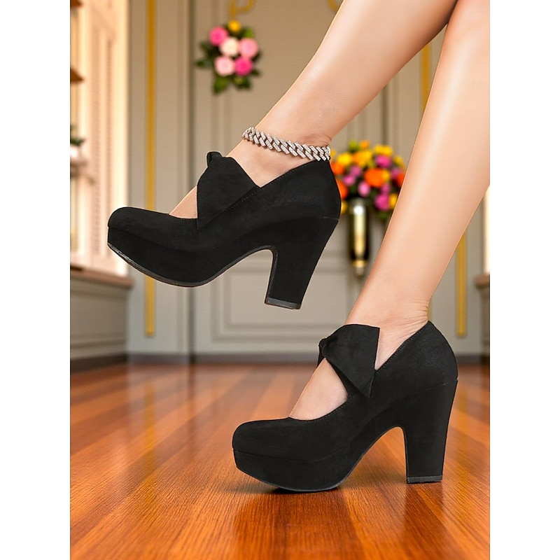 Women's Black Suede Bow Chunky Heel Pumps –1950s Vintage Round Toe Platform Shoes for Daily Wear, Casual Parties, or Retro Outfits